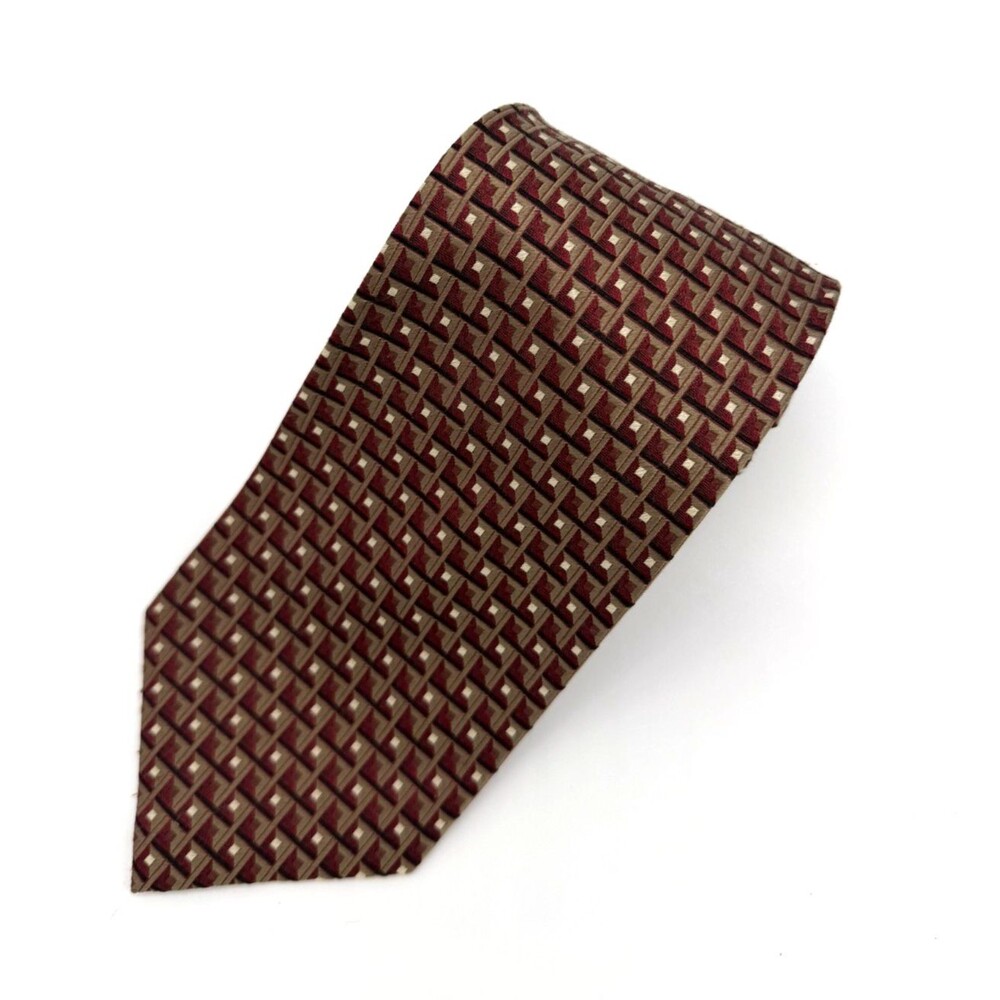 Roberto Villini Collezione Men’s Silk Tie Geometric Square Pattern Red Gold Brow